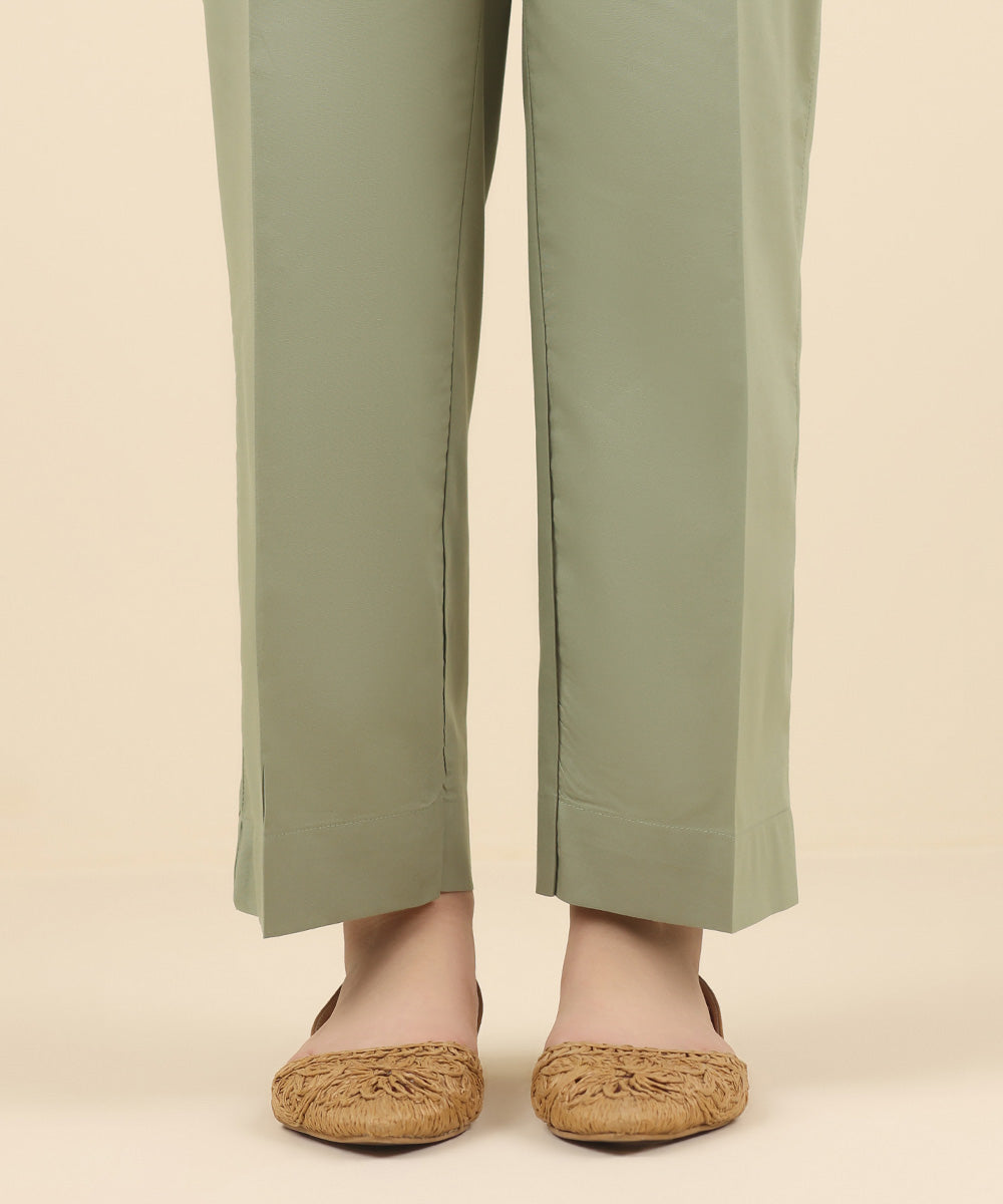 Women's Pret Cotton Viscose Green Solid Straight Pants