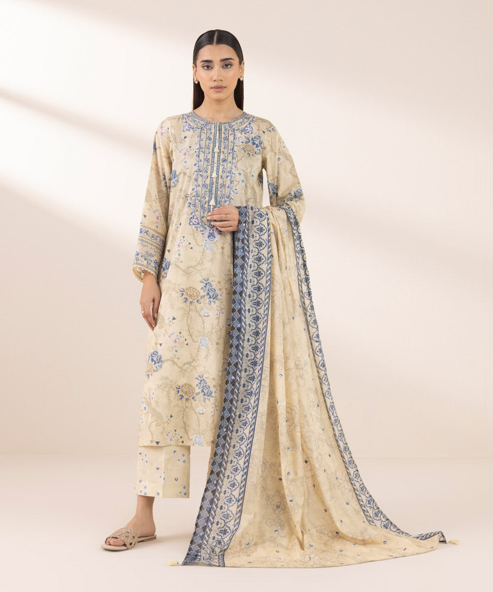 Textured Lawn Beige Embroidered Dupatta