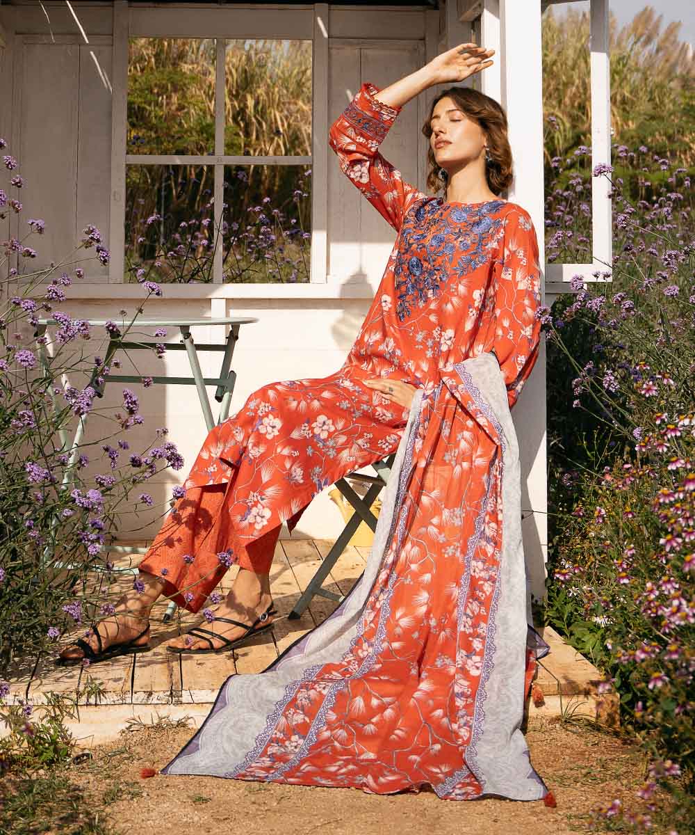 Textured Lawn Orange Printed Dupatta