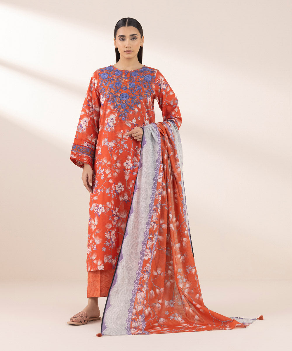 Textured Lawn Orange Printed Dupatta