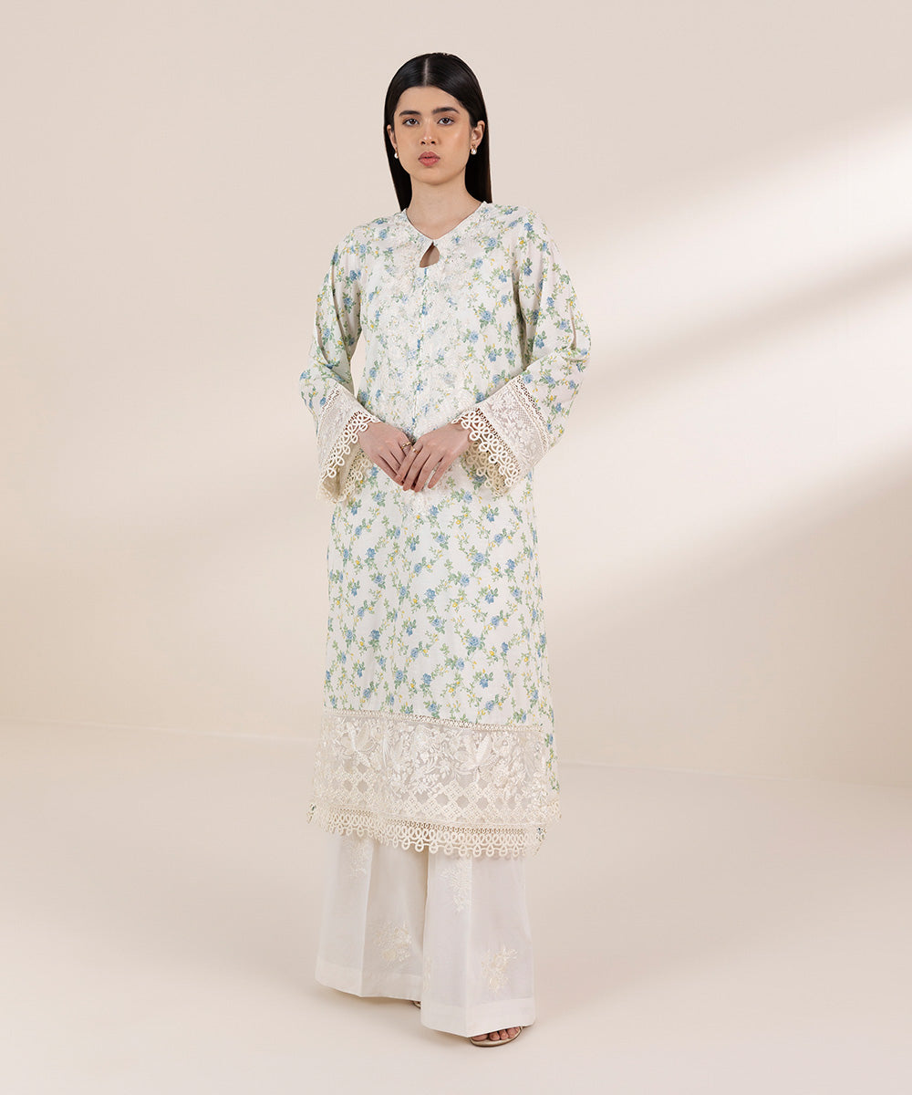 Women's Pret Self Jacquard White Embroidered A-Line Shirt