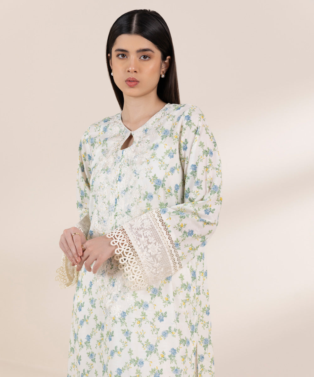 Women's Pret Self Jacquard White Embroidered A-Line Shirt
