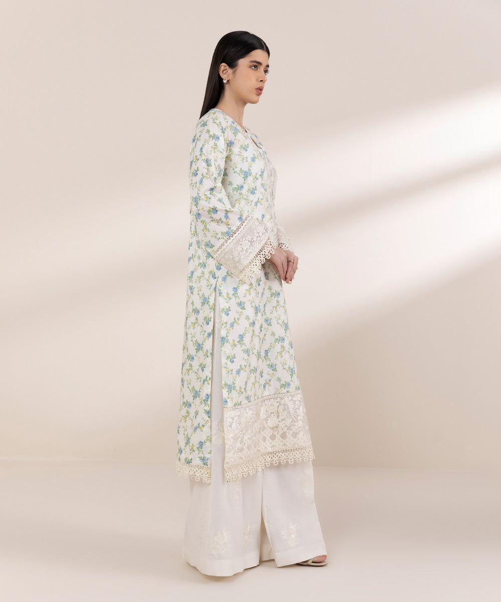 Women's Pret Self Jacquard White Embroidered A-Line Shirt