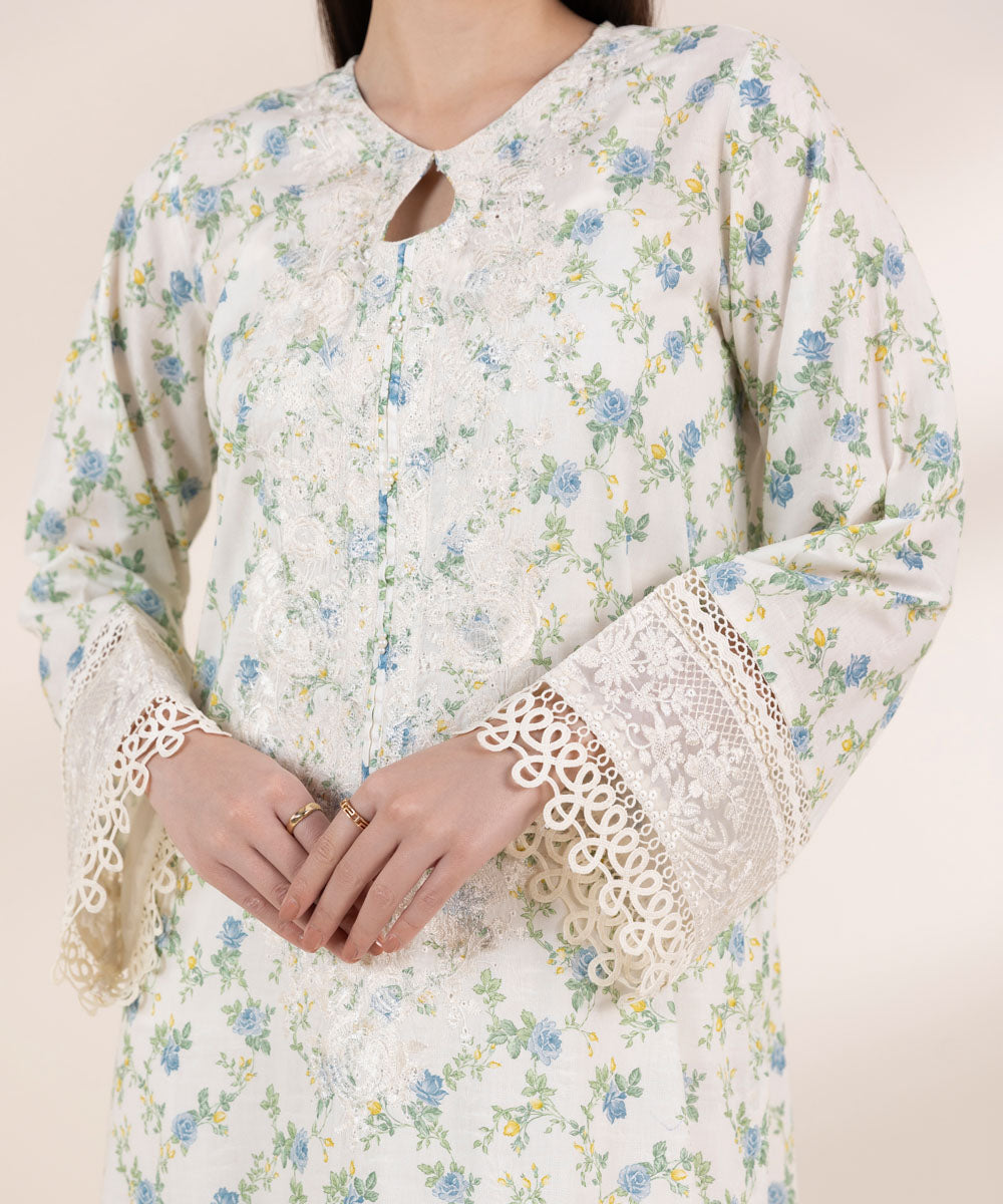Women's Pret Self Jacquard White Embroidered A-Line Shirt