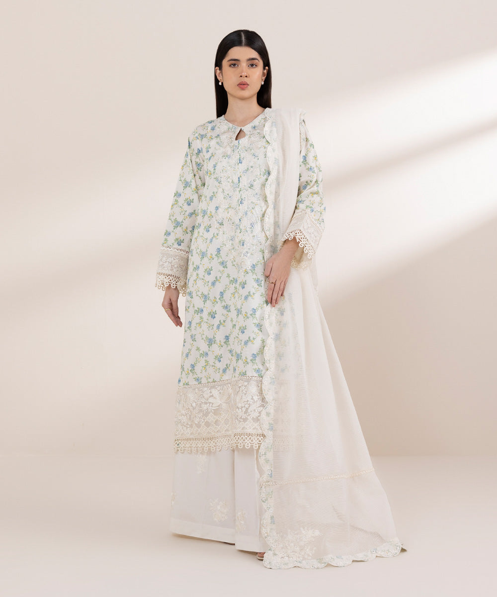 Women's Pret Self Jacquard White Embroidered A-Line Shirt