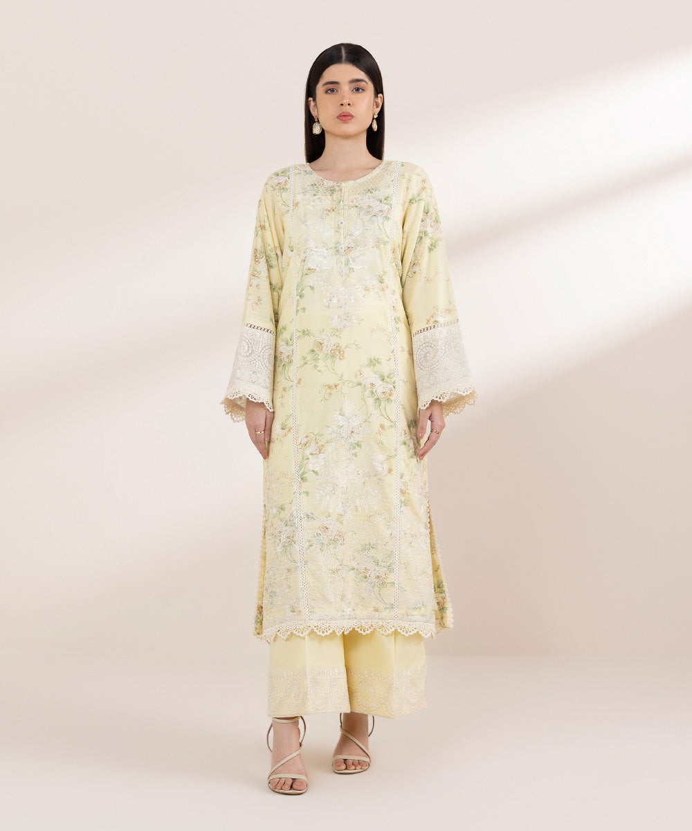 Women's Pret Dobby Yellow Embroidered A-Line Shirt