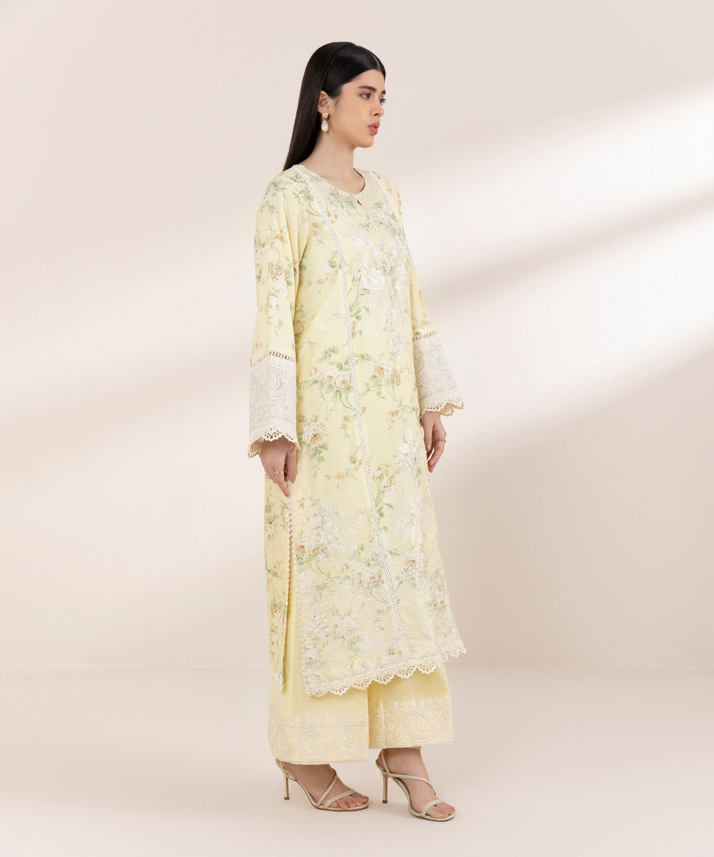 Women's Pret Dobby Yellow Embroidered A-Line Shirt