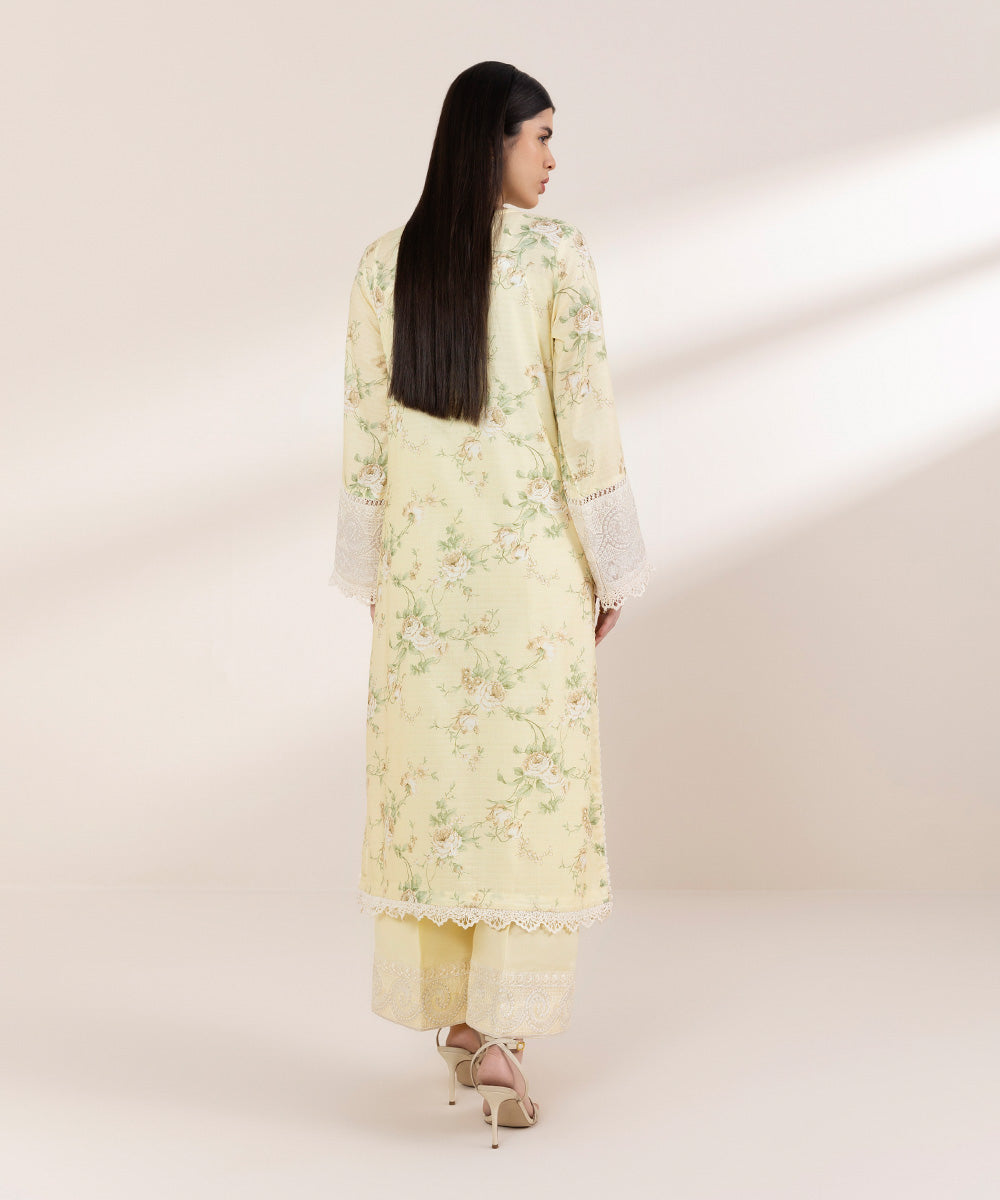 Women's Pret Dobby Yellow Embroidered A-Line Shirt