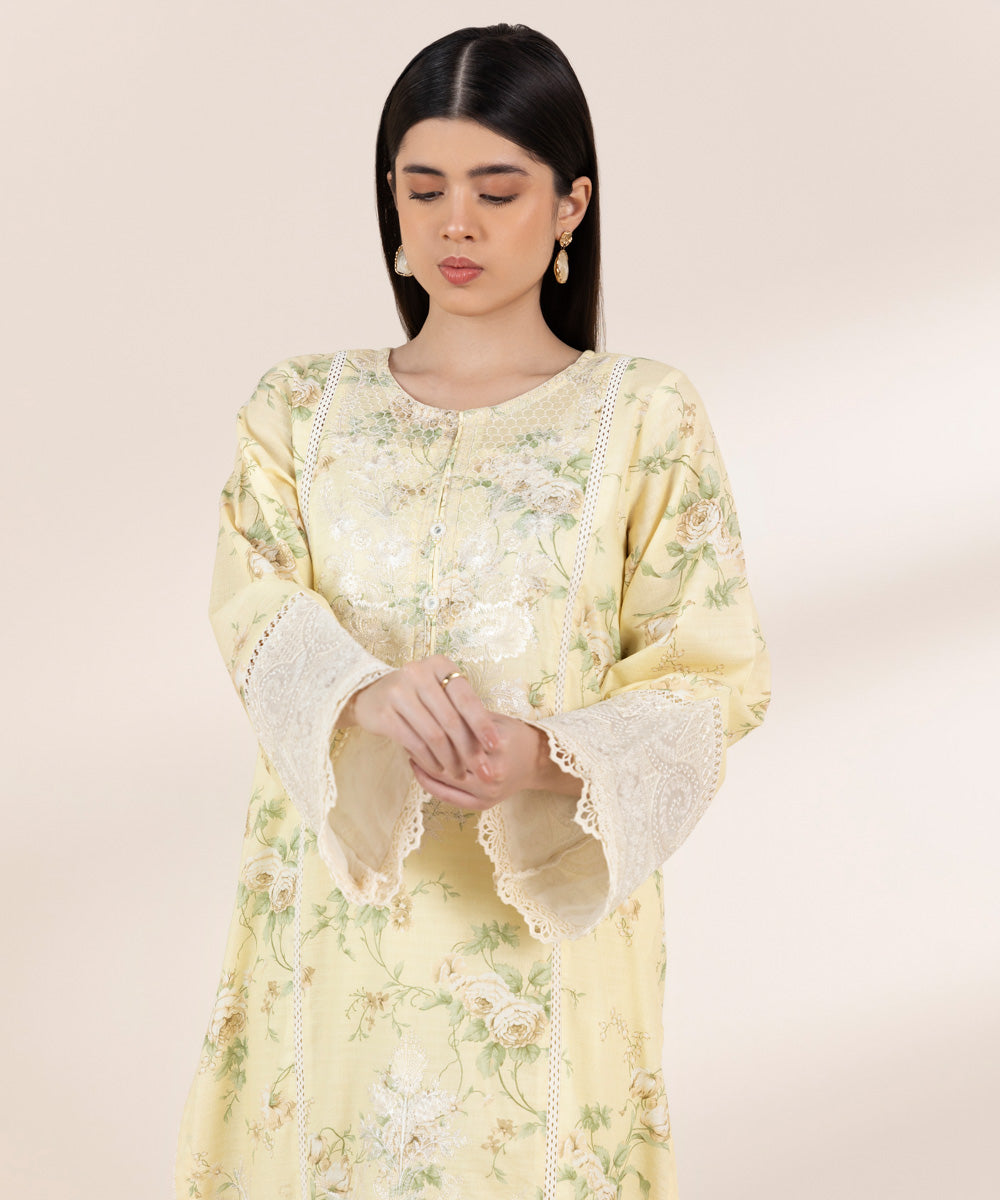 Women's Pret Dobby Yellow Embroidered A-Line Shirt