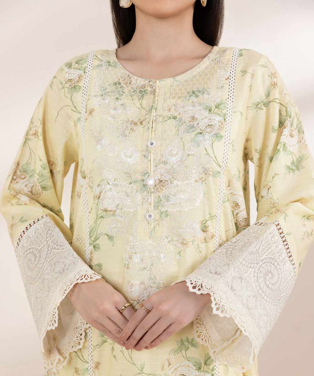 Women's Pret Dobby Yellow Embroidered A-Line Shirt