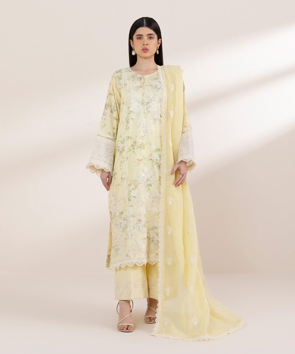 Women's Pret Dobby Yellow Embroidered A-Line Shirt