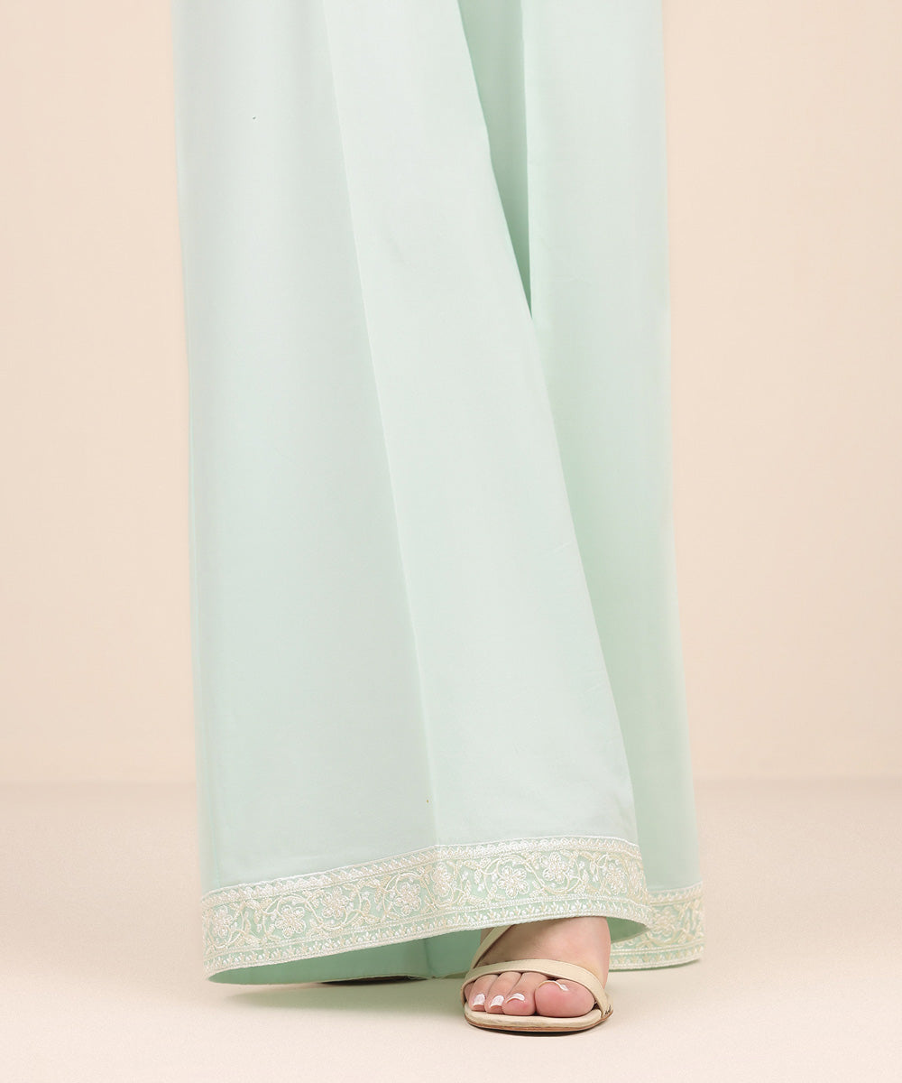 Women's Pret Cambric Green Embroidered Flared Pants
