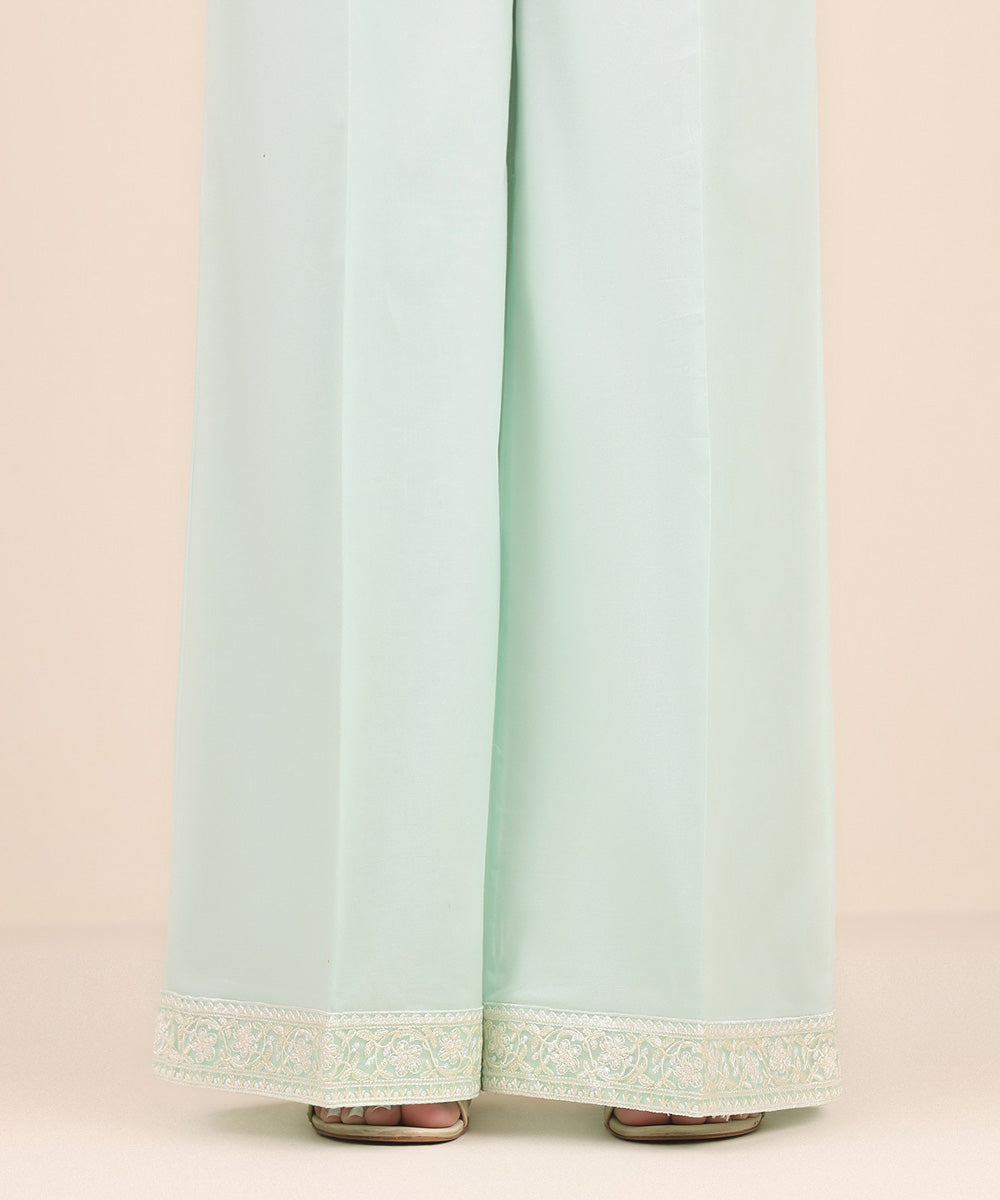 Women's Pret Cambric Green Embroidered Flared Pants
