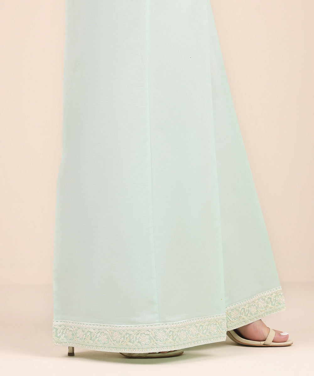 Women's Pret Cambric Green Embroidered Flared Pants