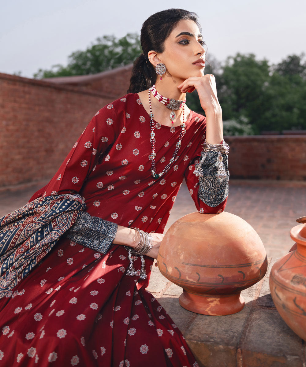 Women's RTW Lawn Red Printed Peshwas 