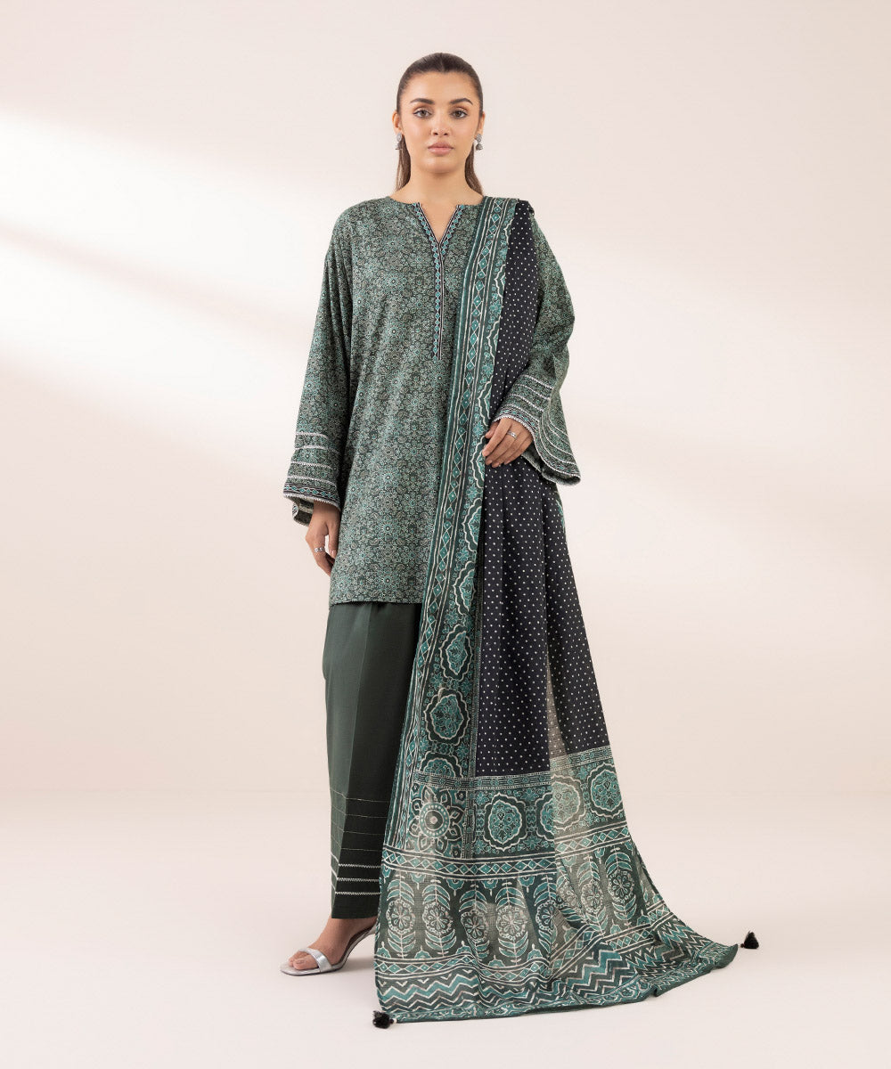 Textured Voile Green Printed Dupatta