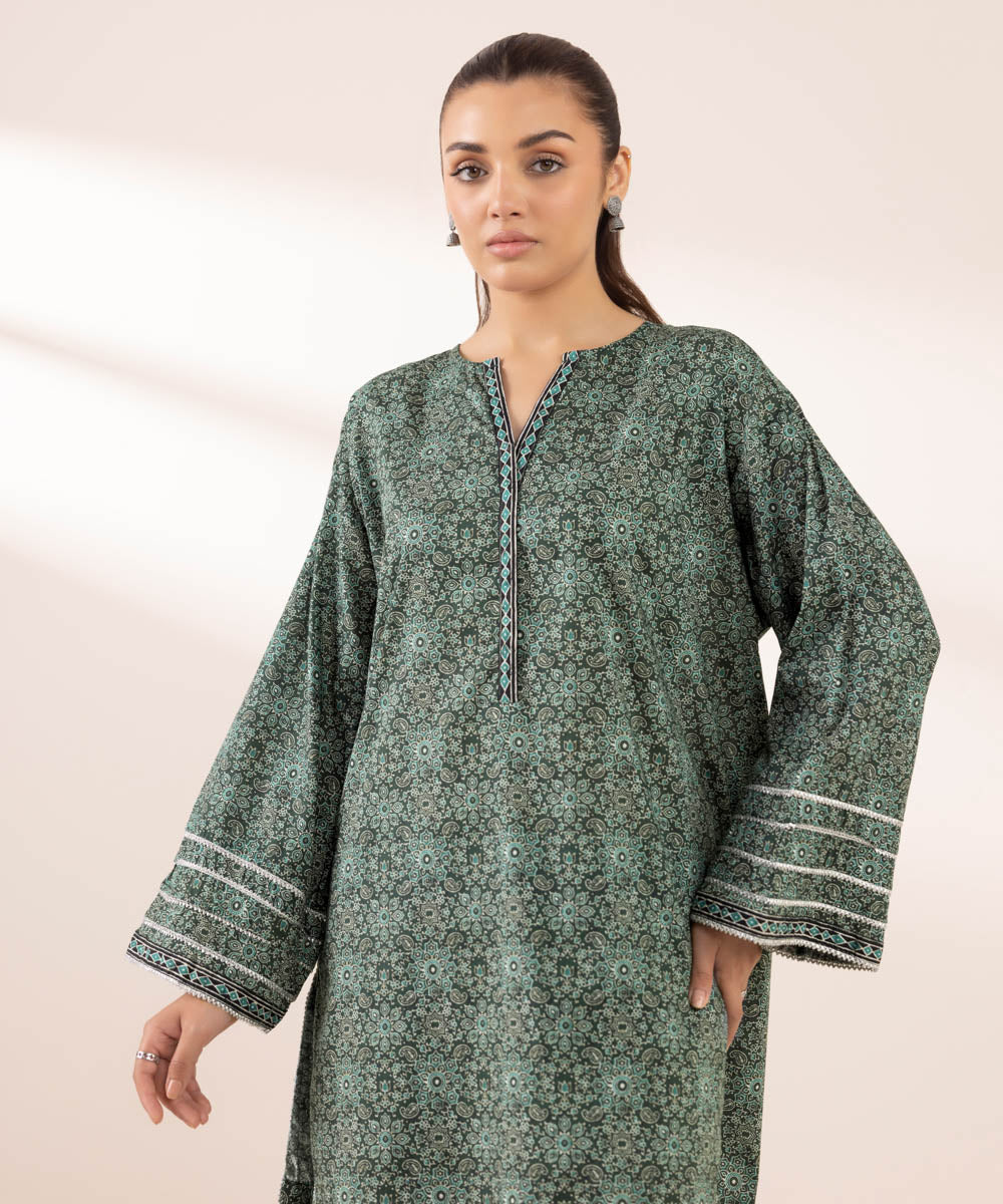 Women's RTW Lawn Green Printed Boxy Shirt