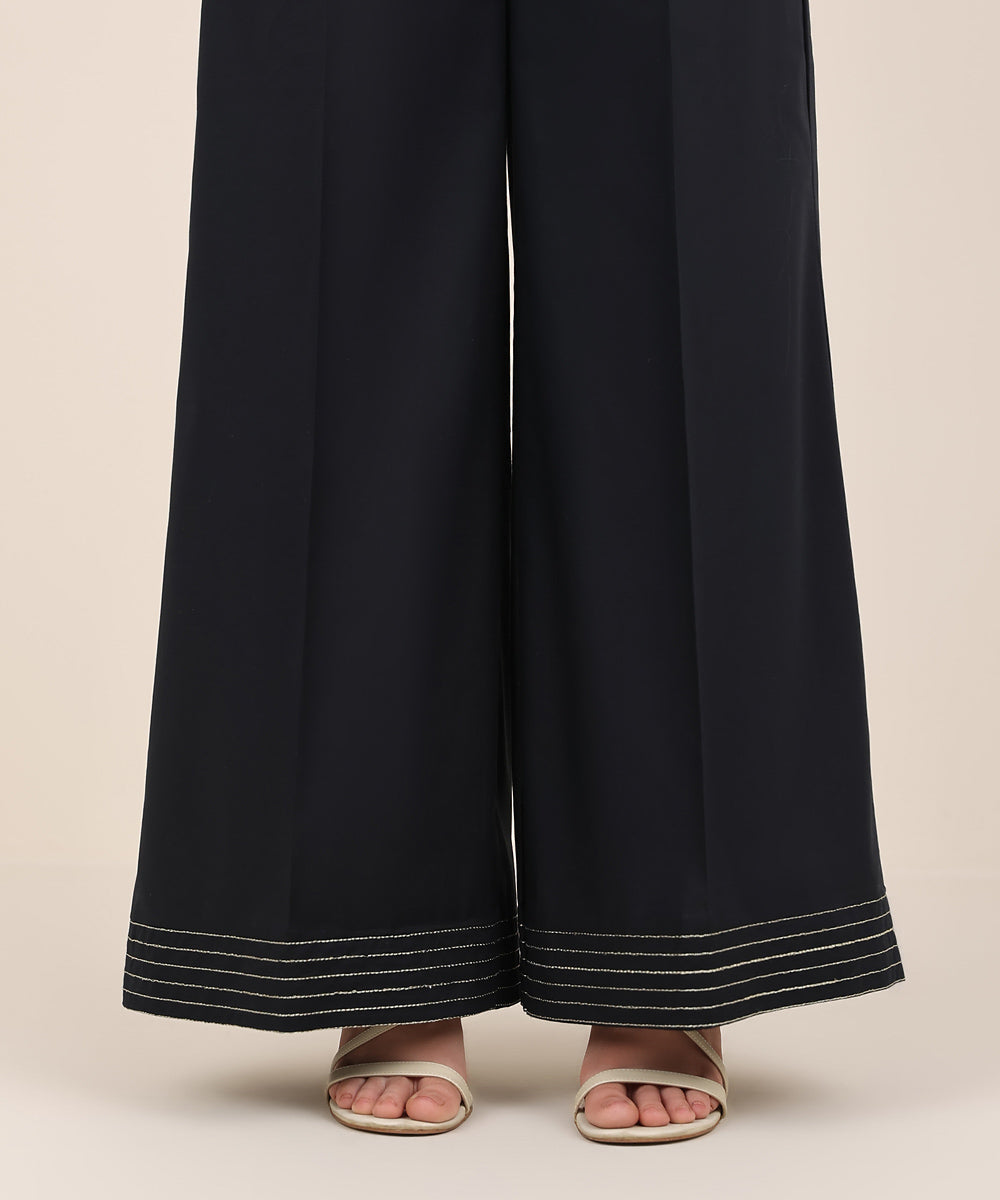 Women's RTW Cambric Black Solid Flared Pants