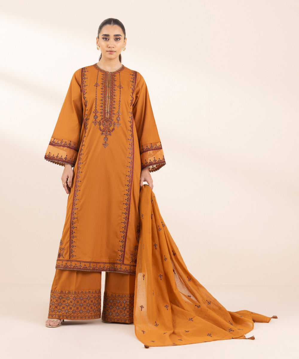 Blended Textured Karandi Orange Embroidered Dupatta