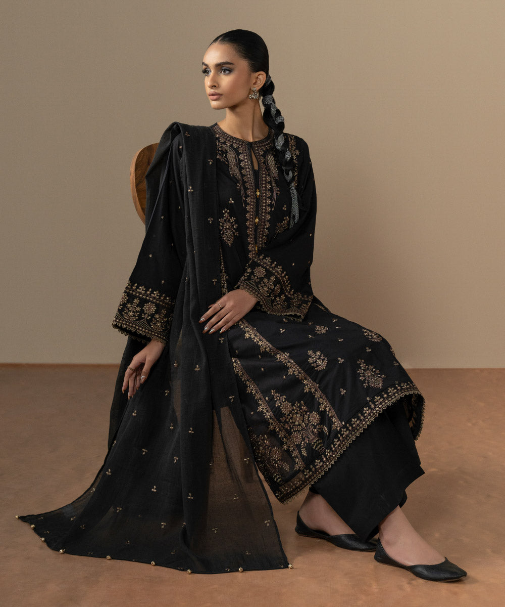 Blended Textured Karandi Black Embroidered Dupatta