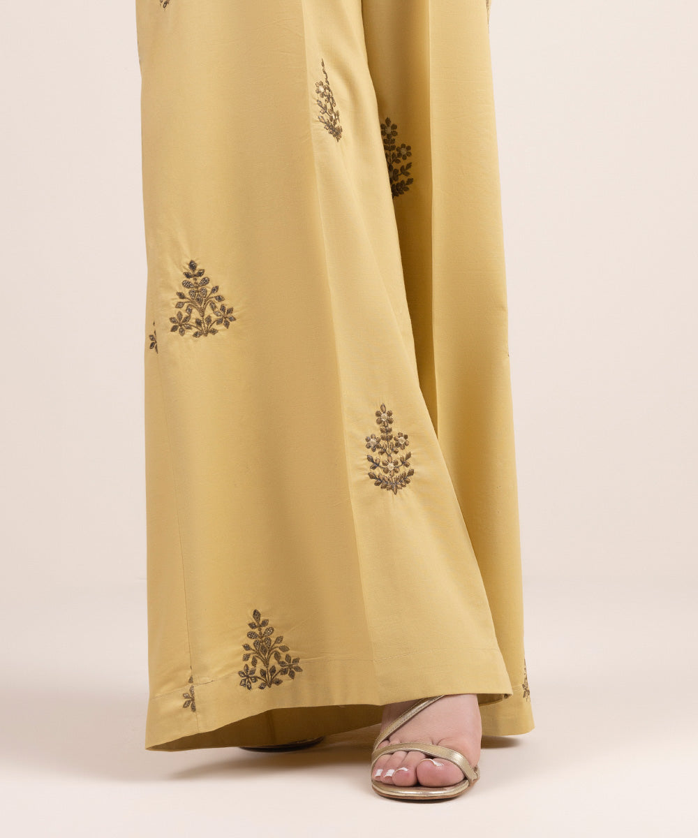 Women's Pret Cambric Yellow Embroidered Flared Pants