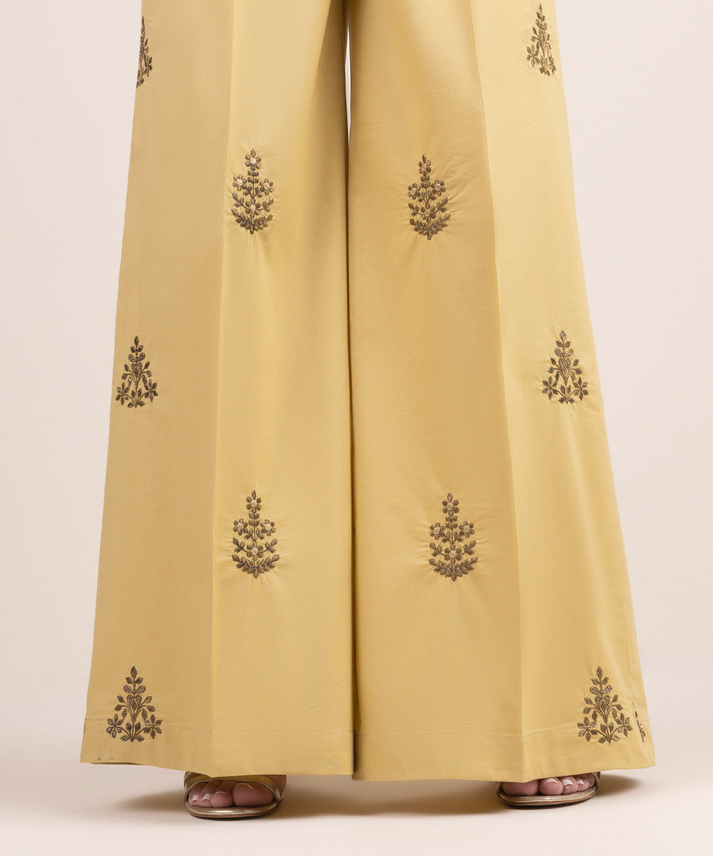 Women's Pret Cambric Yellow Embroidered Flared Pants