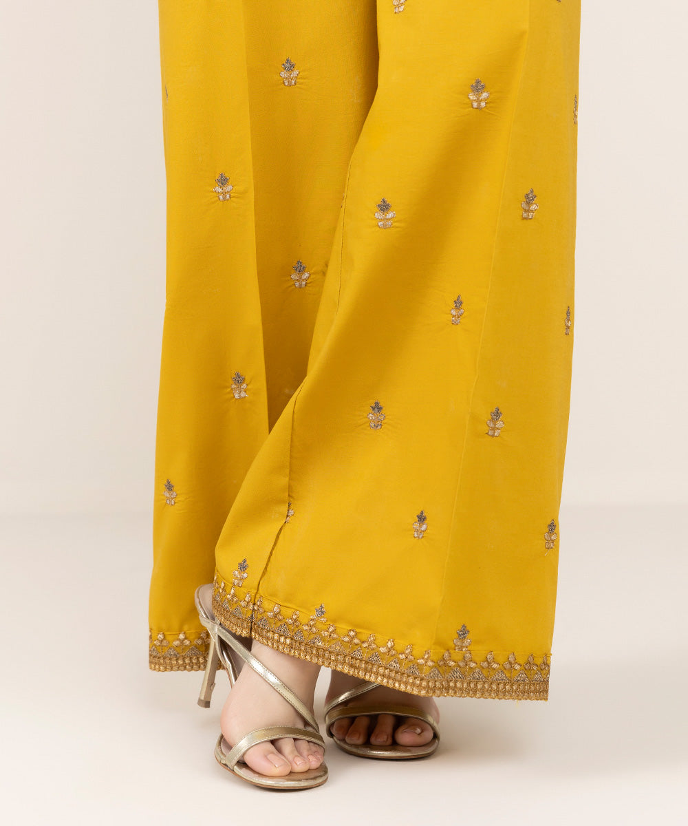 Women's Pret Cambric Yellow Embroidered Flared Pants