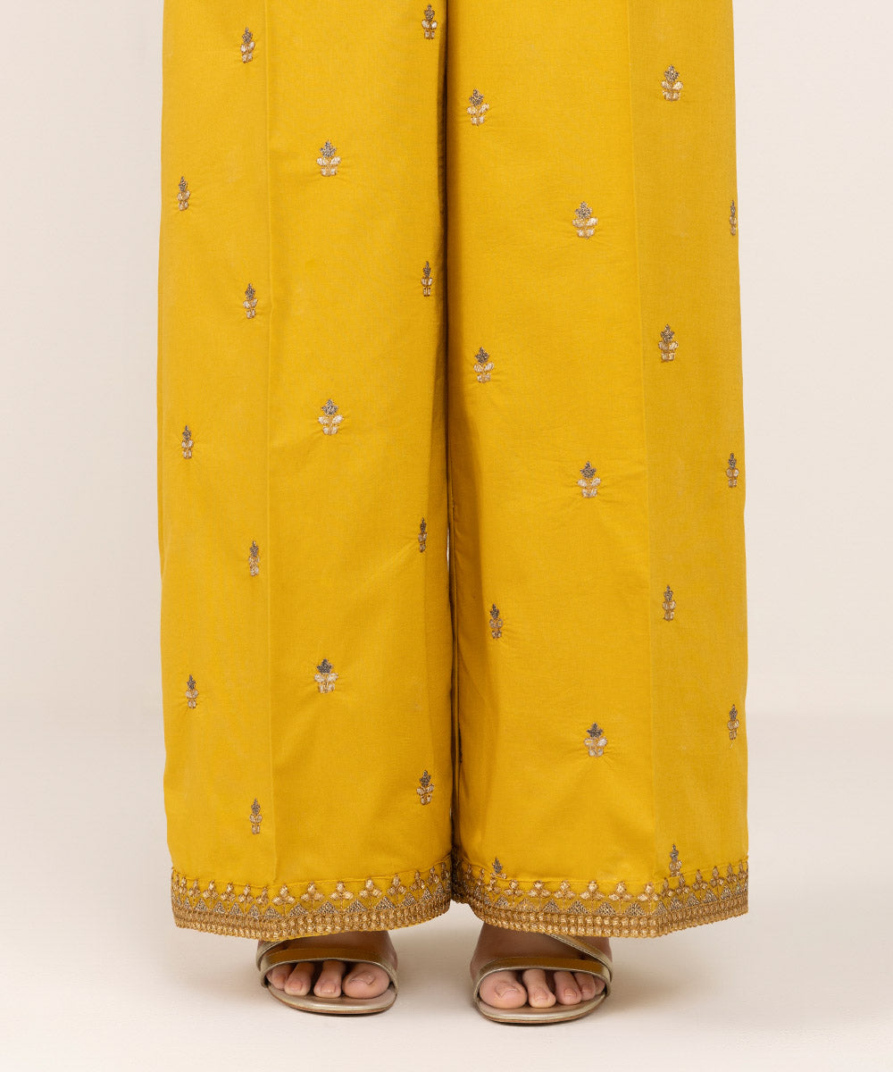 Women's Pret Cambric Yellow Embroidered Flared Pants