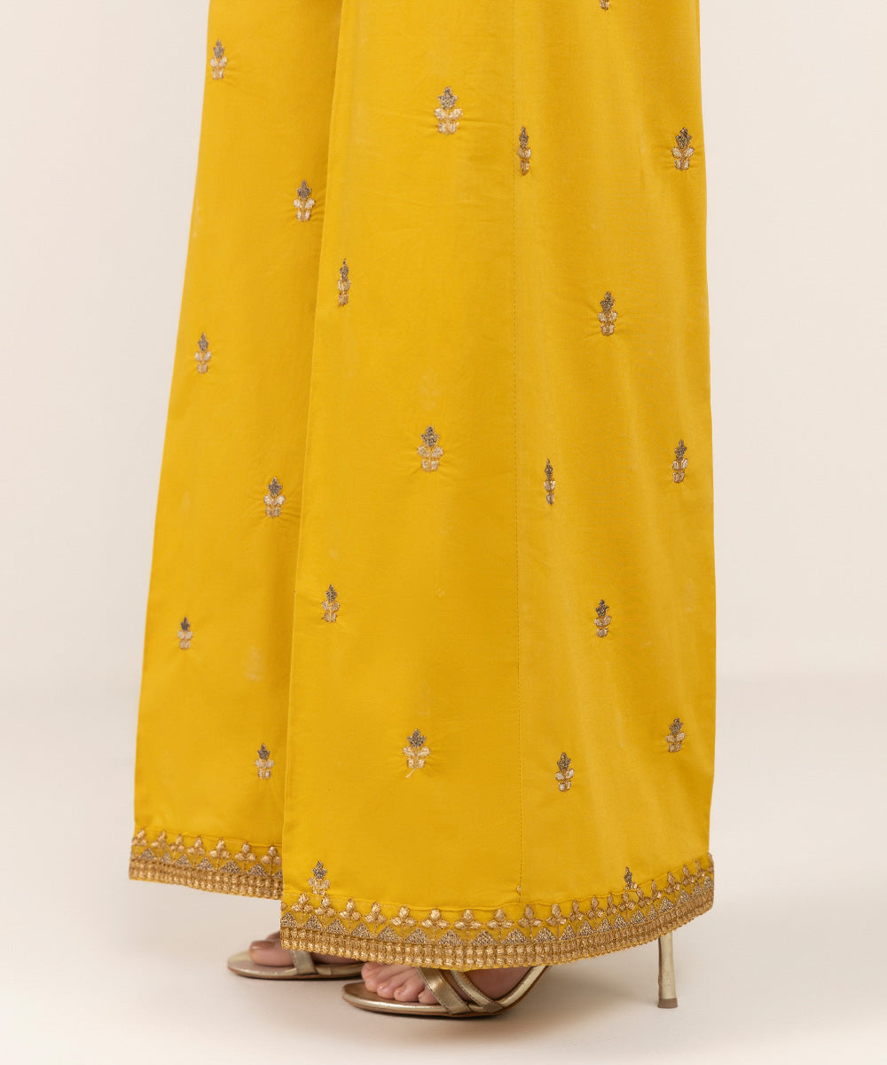 Women's Pret Cambric Yellow Embroidered Flared Pants