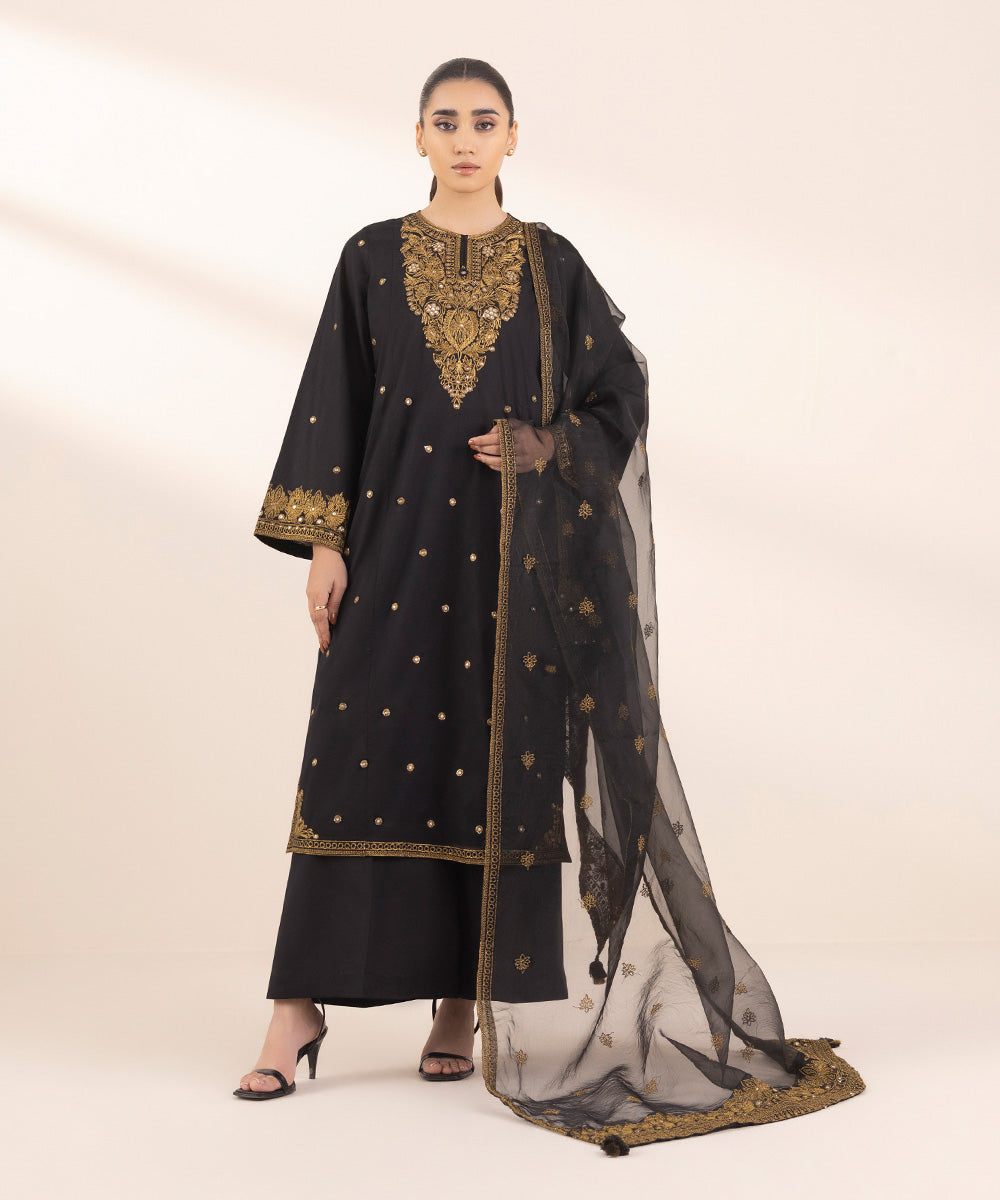 Blended Organza Black Embroidered Dupatta