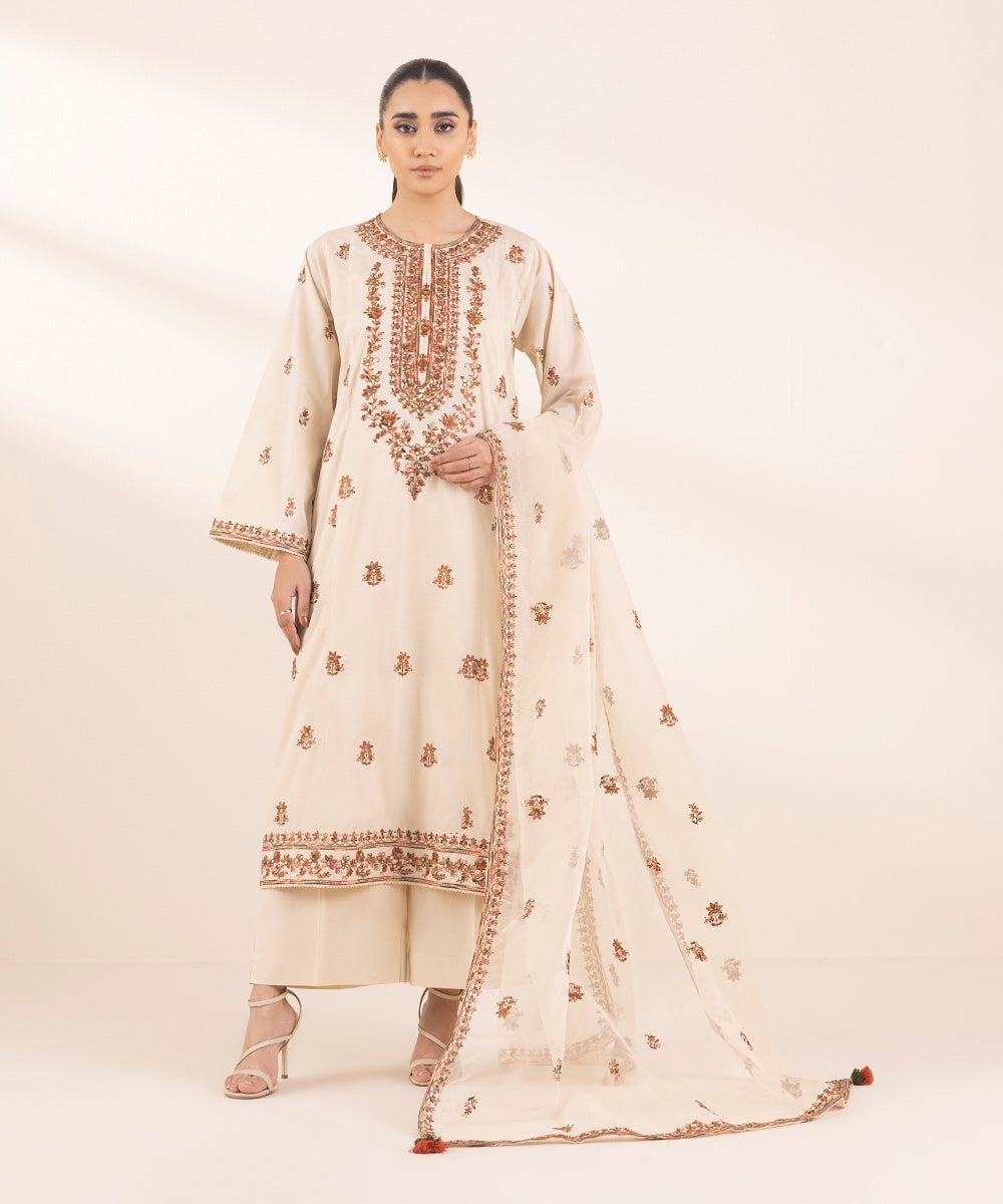 Blended Organza Beige Embroidered Dupatta