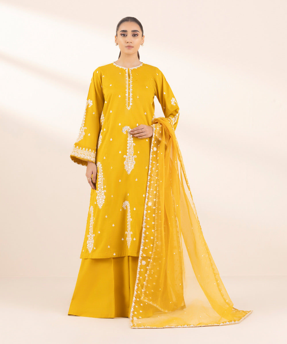 Blended Organza Yellow Embroidered Dupatta