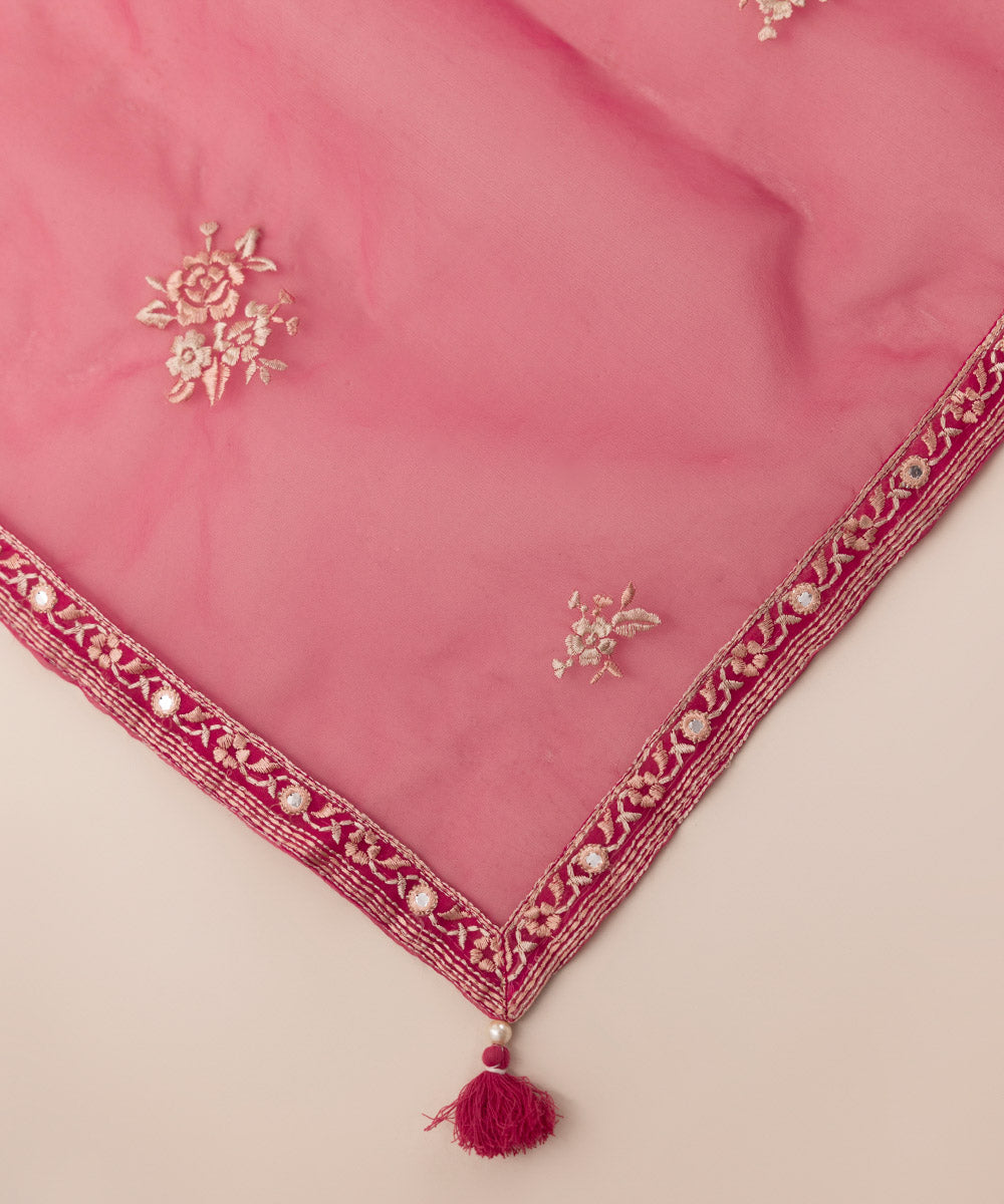 Blended Organza Pink Embroidered Dupatta