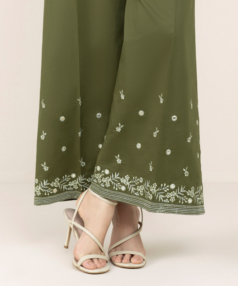 Women's Pret Cambric Green Embroidered Flared Pants