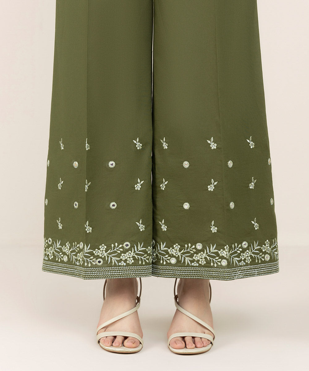 Women's Pret Cambric Green Embroidered Flared Pants