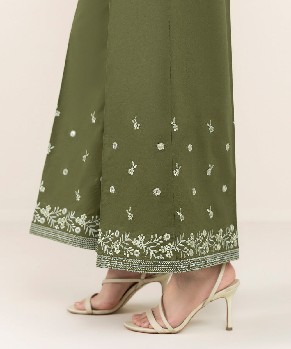 Women's Pret Cambric Green Embroidered Flared Pants