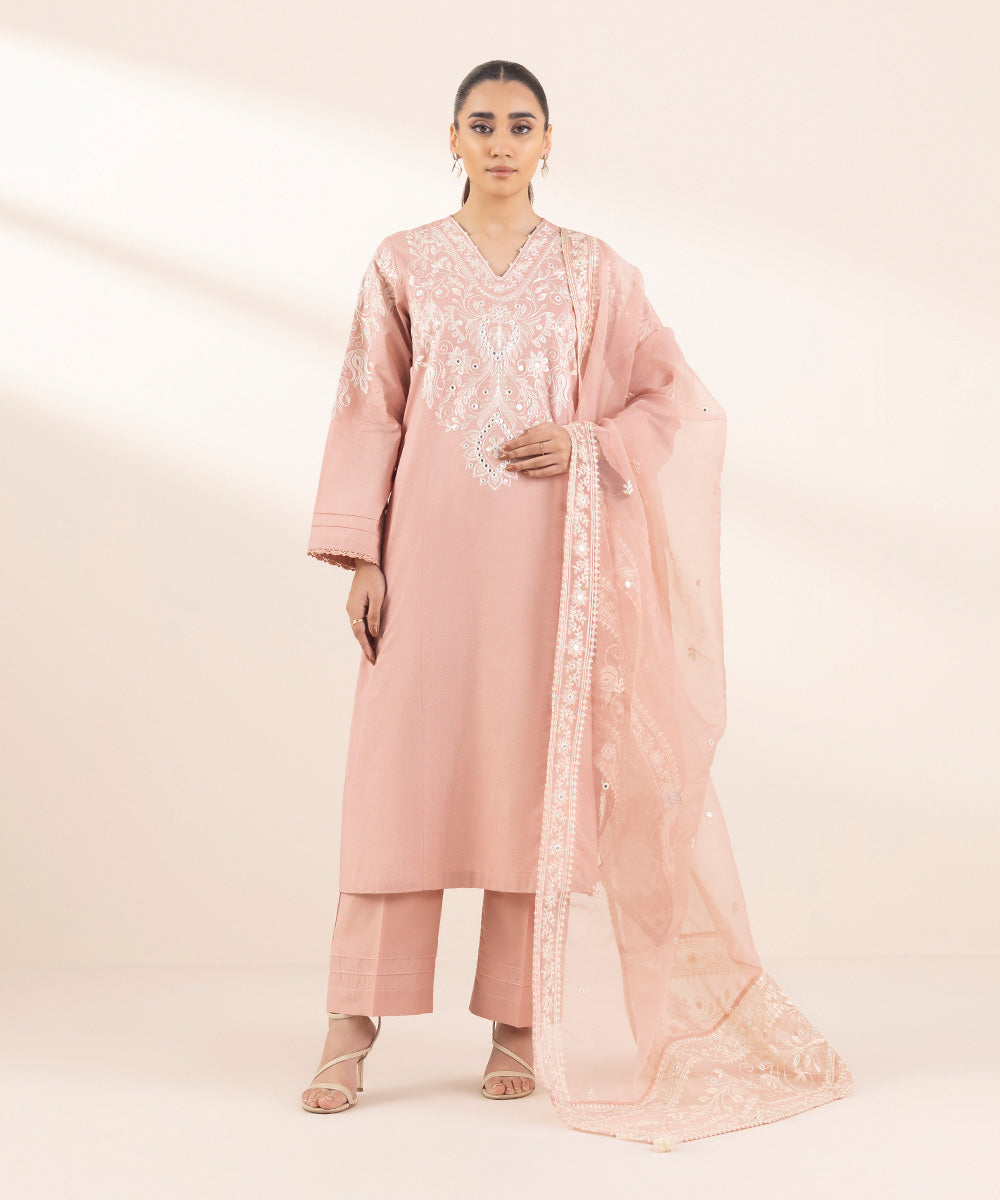 Blended Organza Pink Embroidered Dupatta