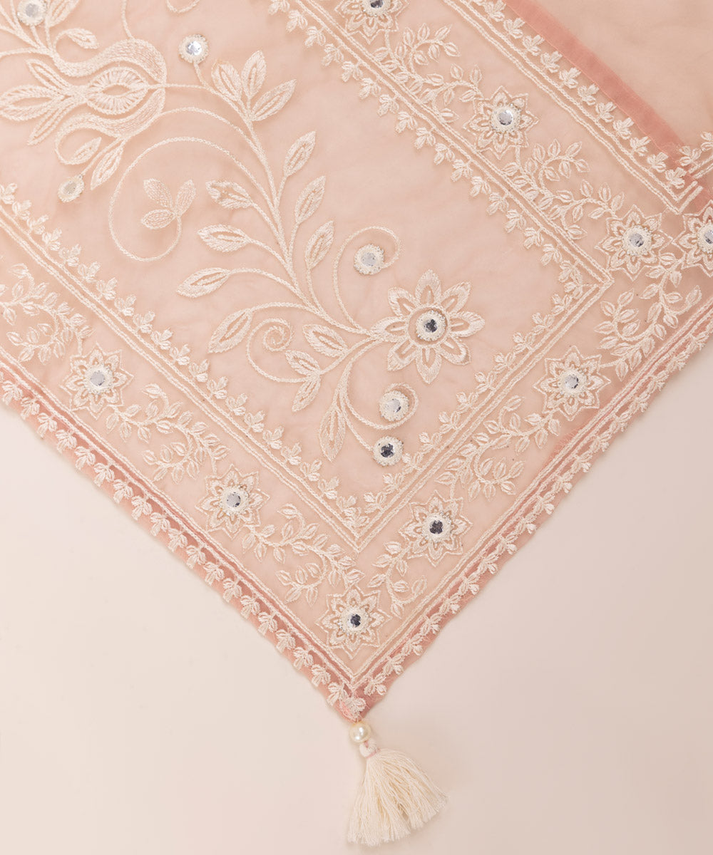 Blended Organza Pink Embroidered Dupatta