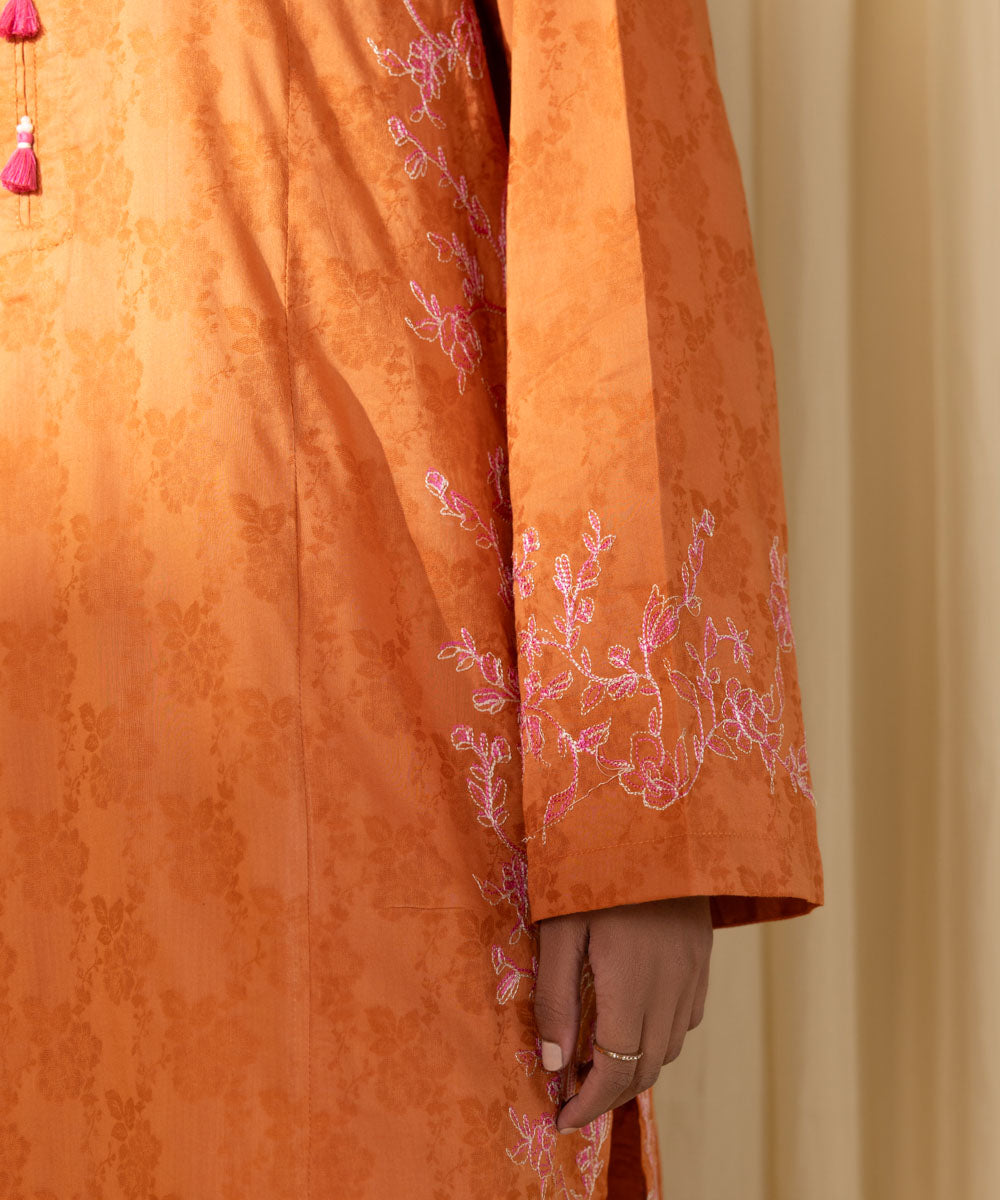 Women's Pret Yarn Dyed Orange Embroidered A-Line Shirt
