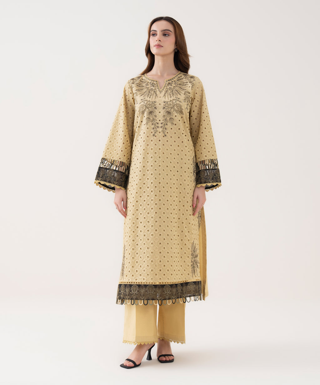 Women's RTW Textured Cotton Embroidered A-Line Off White Shirt