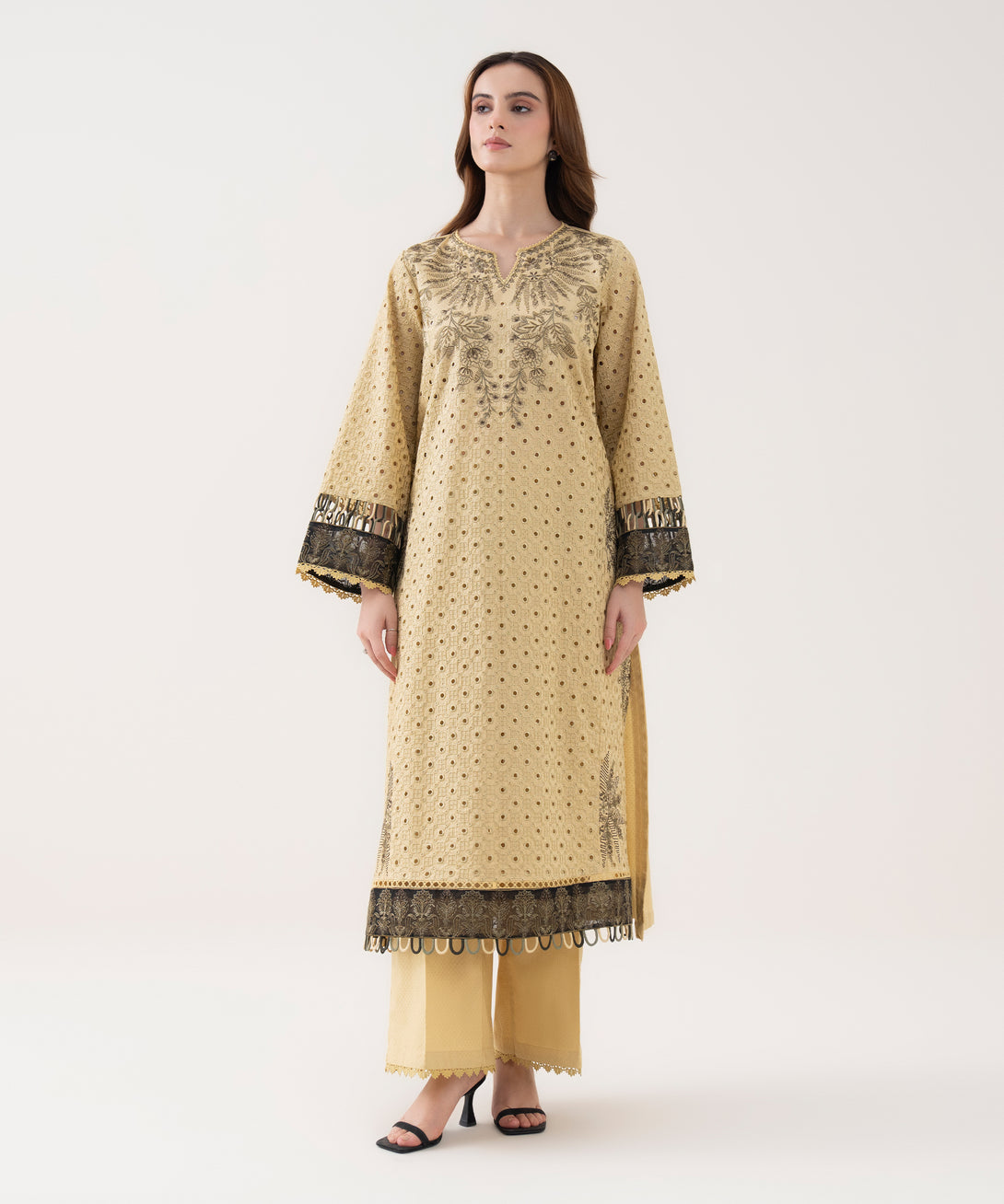 Women's RTW Textured Cotton Embroidered A-Line Off White Shirt