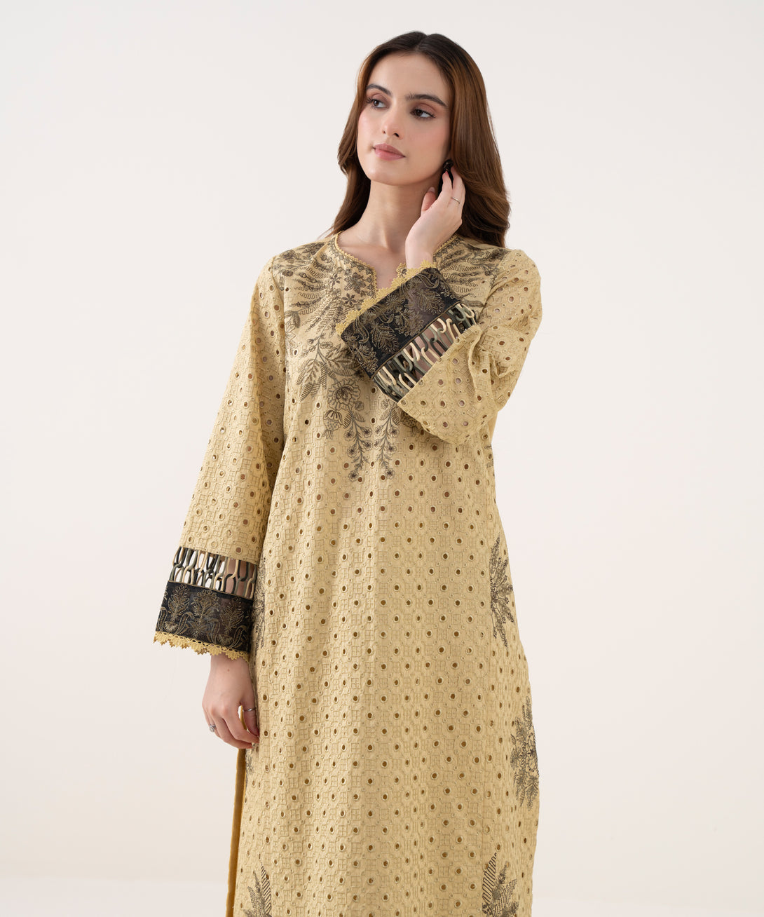 Women's RTW Textured Cotton Embroidered A-Line Off White Shirt