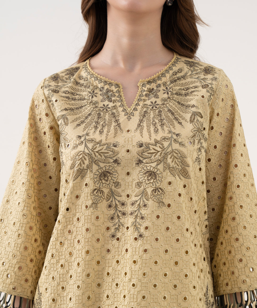 Women's RTW Textured Cotton Embroidered A-Line Off White Shirt