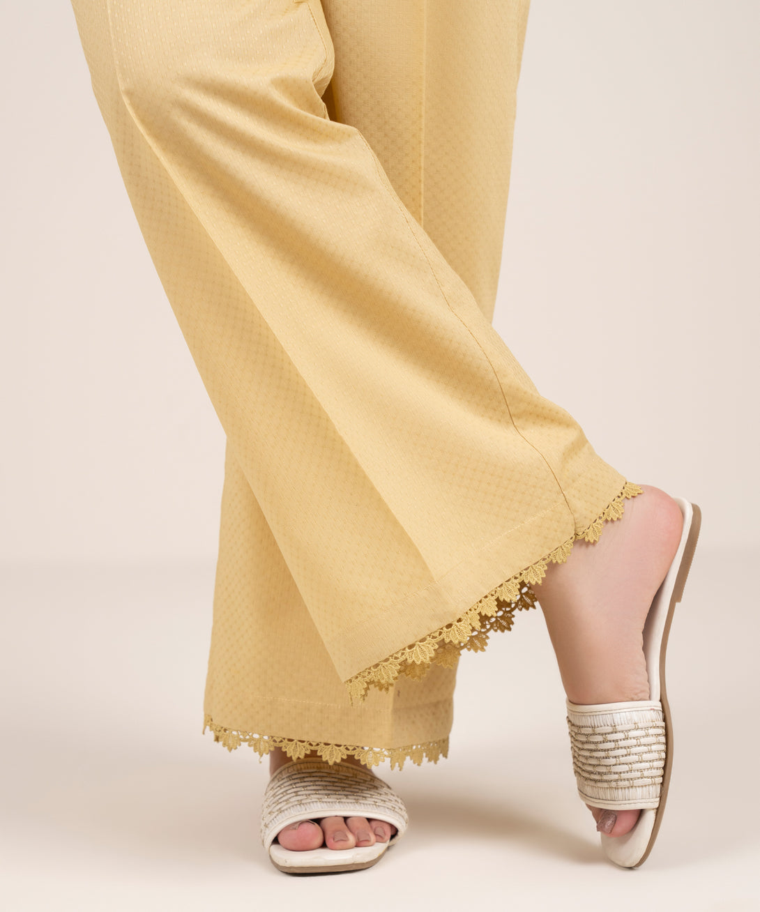 Women's RTW Textured Cotton Solid Off White Flared Pants