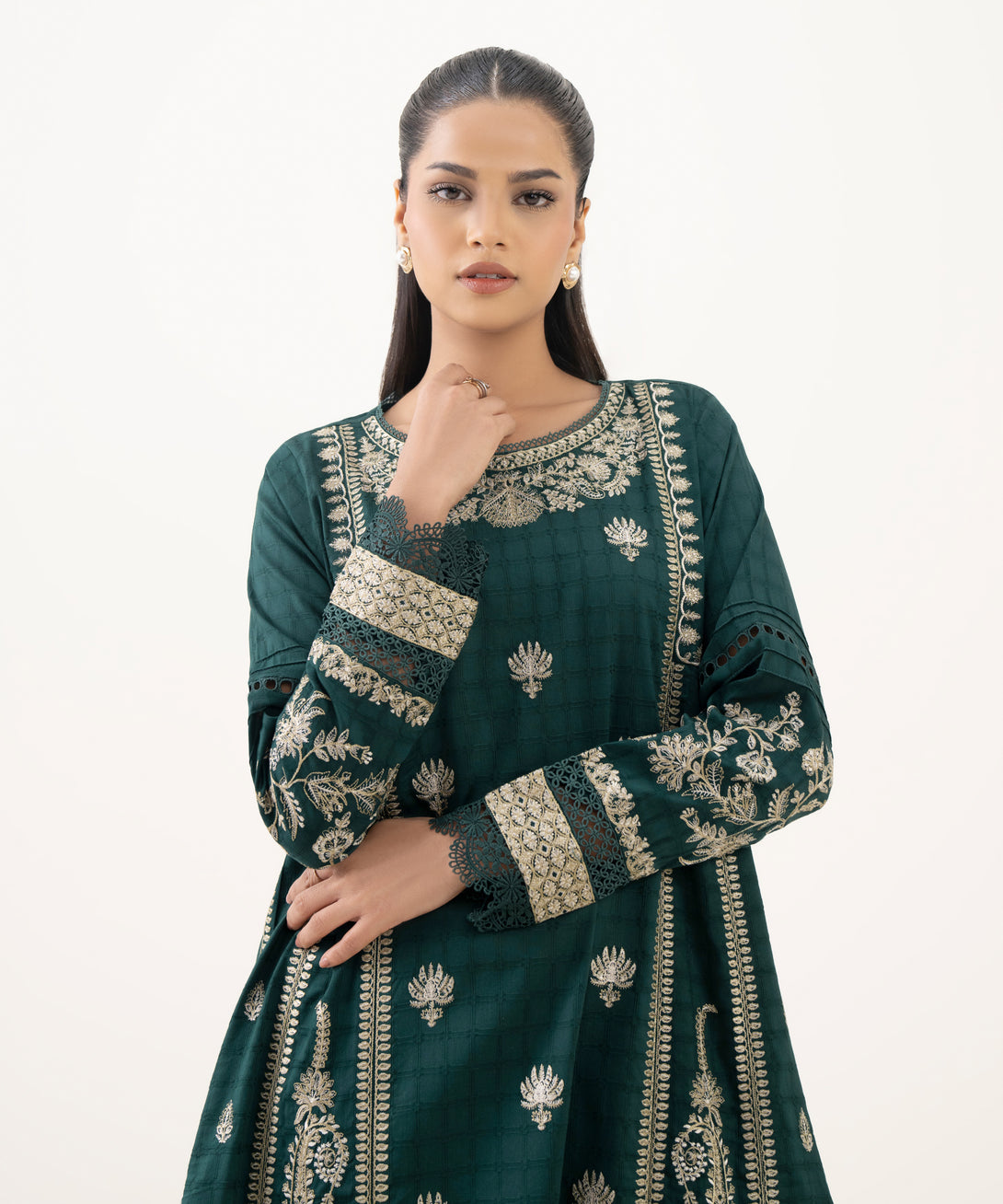 Women's RTW Textured Cotton Green Embroidered A-Line Shirt