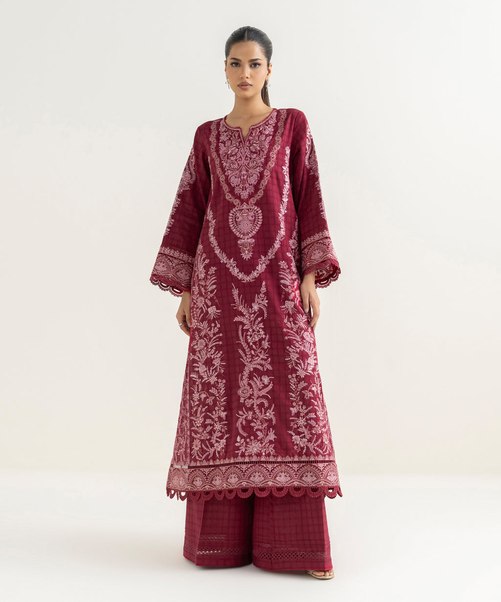 Women's RTW Textured Cotton Red Embroidered A-Line Shirt