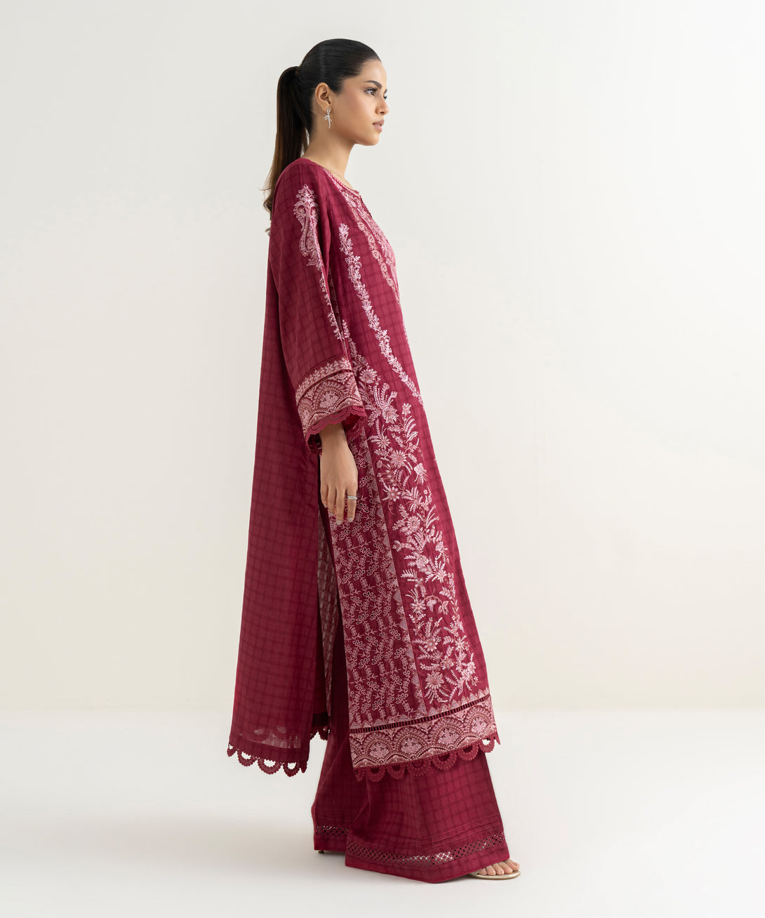 Women's RTW Textured Cotton Red Embroidered A-Line Shirt