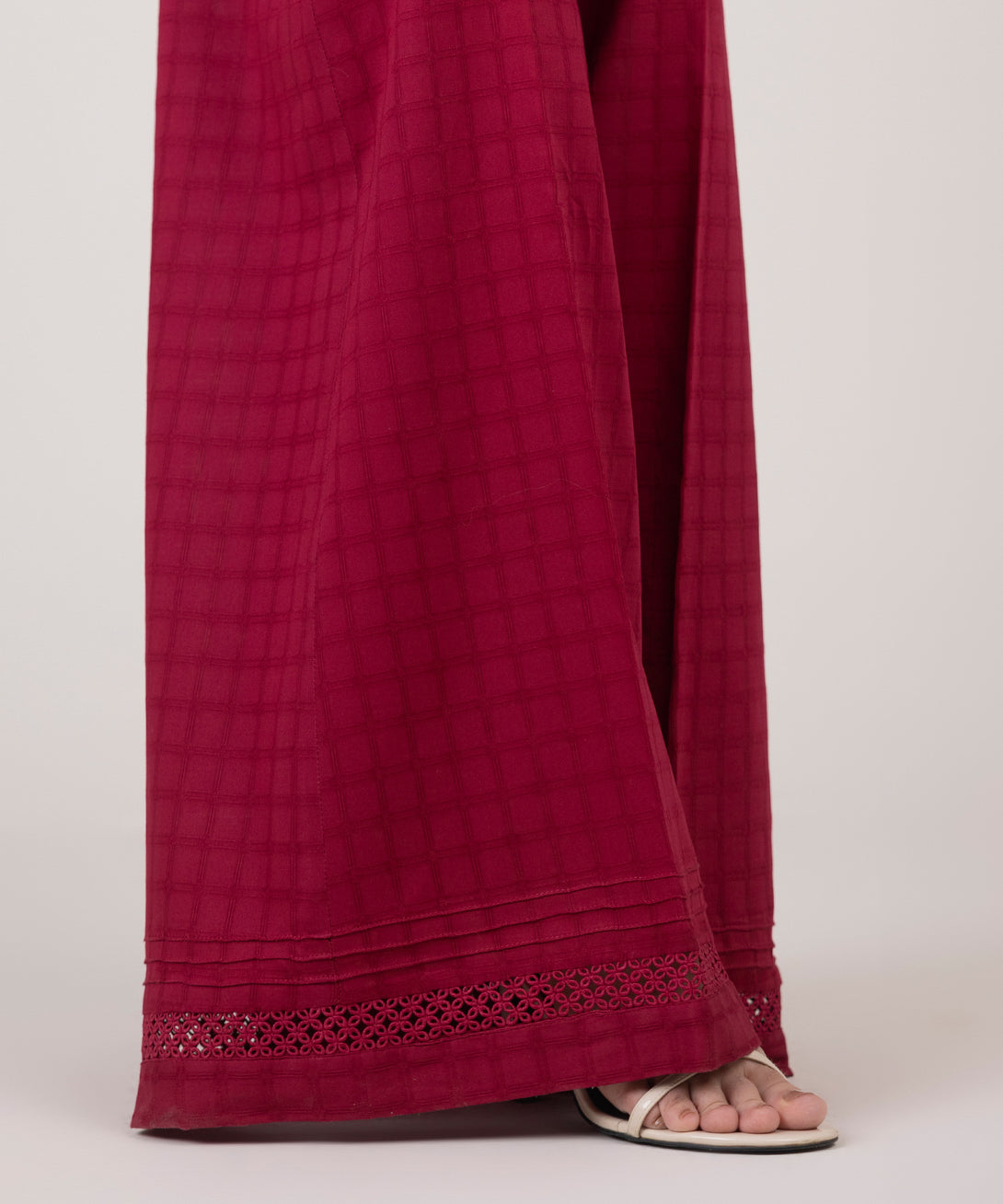 Women's RTW Textured Cotton Red Solid Flared Pants