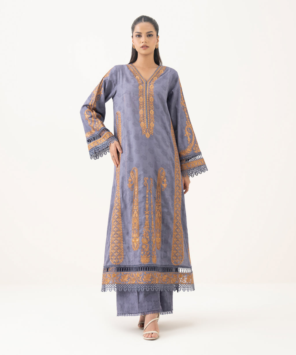 Women's RTW Cotton Jacquard Purple Embroidered A-Line Shirt
