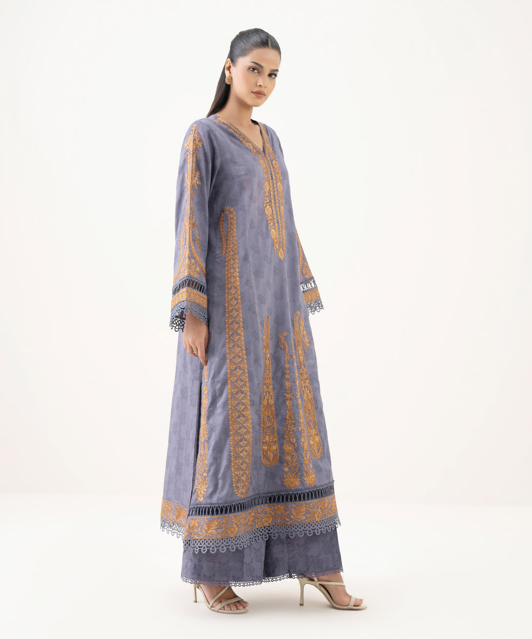 Women's RTW Cotton Jacquard Purple Embroidered A-Line Shirt